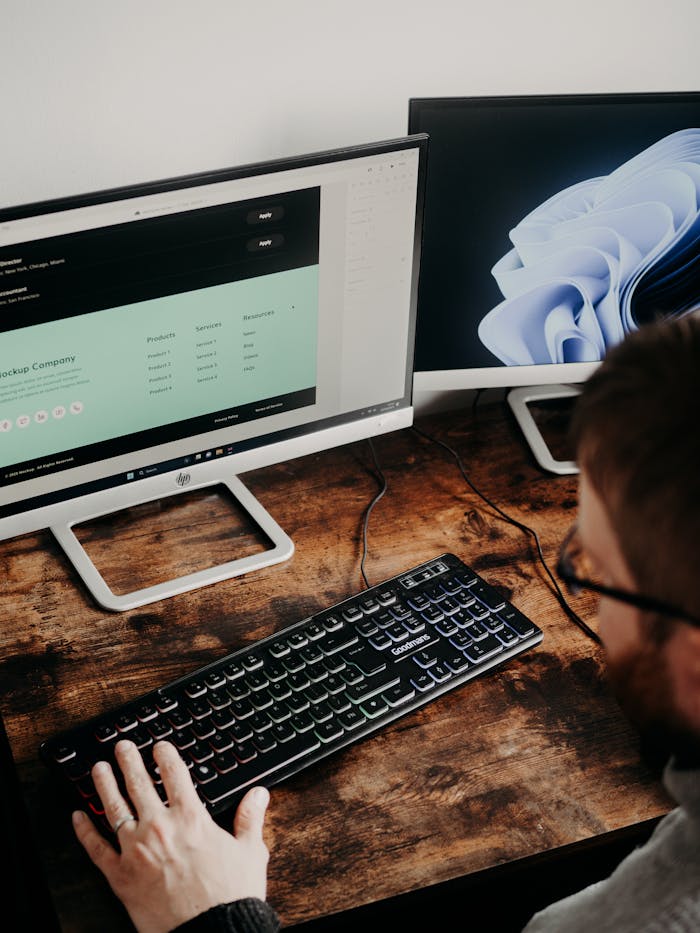 services-03 Adult man uses dual monitors for web design in a home office setting.