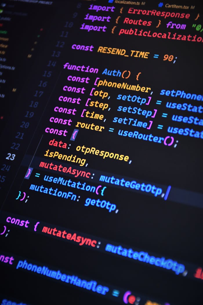hero-img Close-up of vibrant JavaScript code for web development with ReactJS and Tailwind CSS.